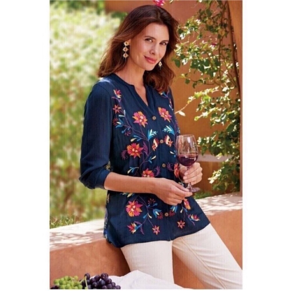 NWT Soft Surroundings Nesta Floral Embroidered Blouse L 14 16
